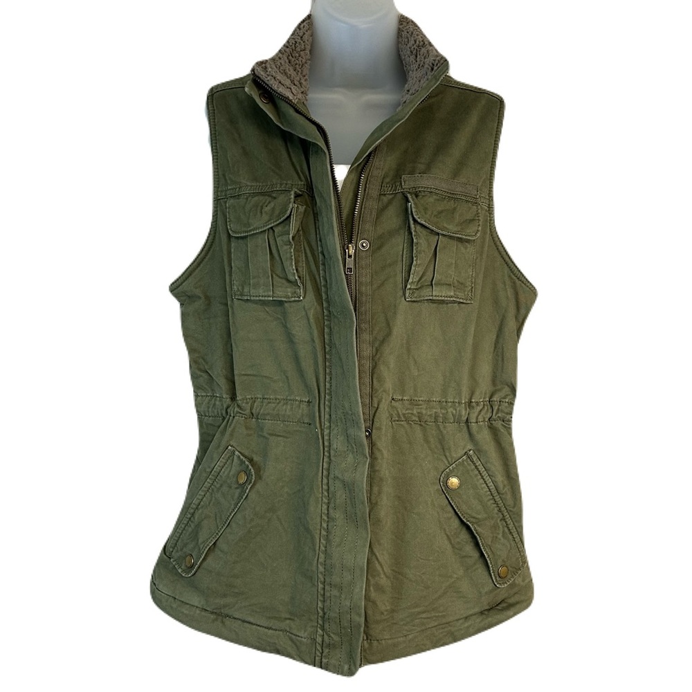 Sonoma Womens Utility Vest Size‎ M Zip Sherpa Lined Pockets Green Grunge Outdoor